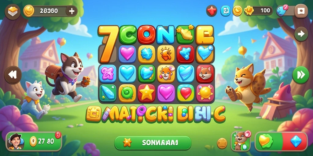 Gameplay seru di 7CONE dengan kombinasi elemen match-3 yang cerah.