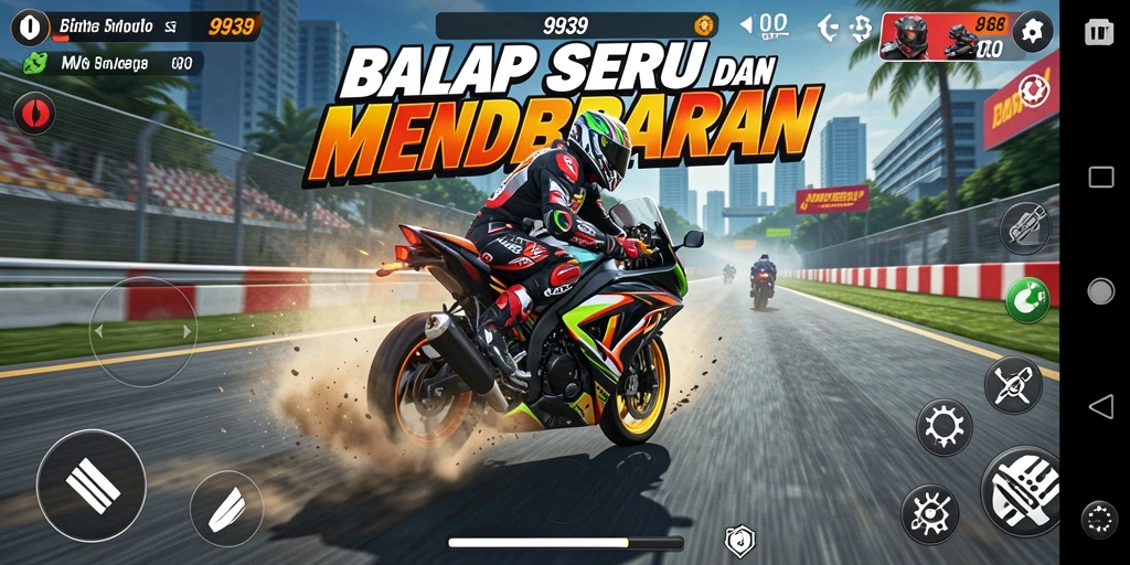 Gameplay seru balap motor di 9939 dengan berbagai trek menantang.