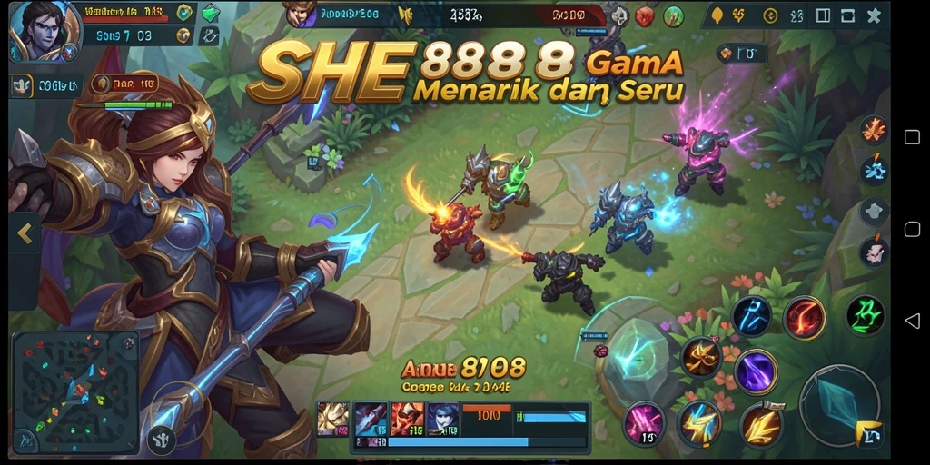 Screenshot gameplay SHE888 yang menampilkan aksi seru dalam pertempuran MOBA.