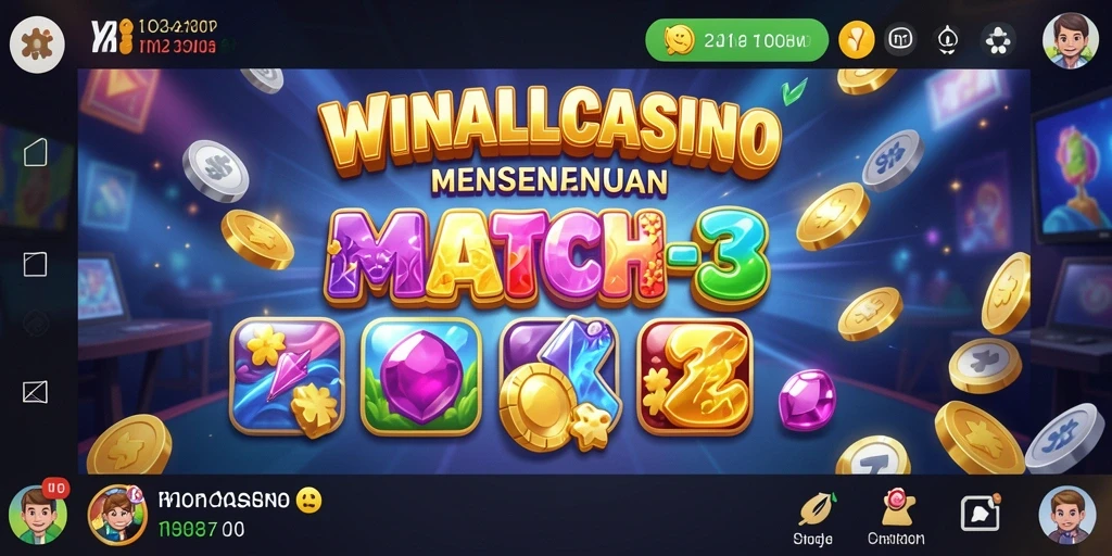 Screenshot gameplay <strong>WINALLCASINO</strong> menunjukkan aksi match-3 yang seru dan penuh warna.