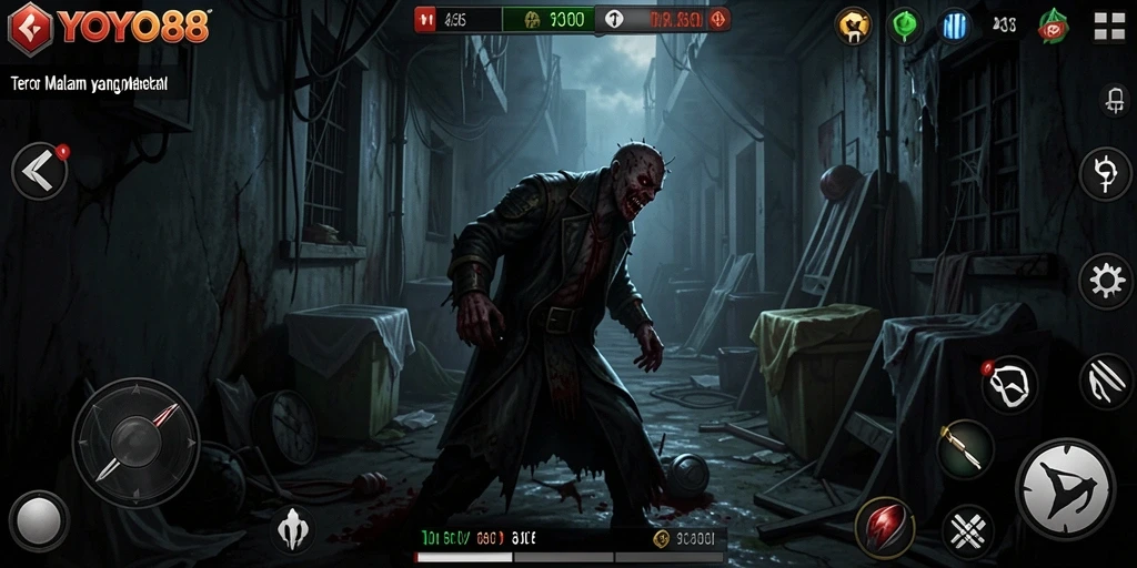 Menampilkan gameplay mencekam dalam kegelapan yang menyeramkan.